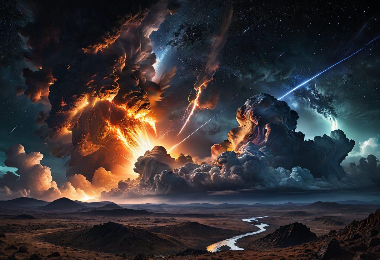 A dramatic cosmic scene featuring Planet X looming ominously in the foreground, while a fiery Nibiru approaches the Earth in the background. Dark storm clouds swirl around, illuminated by mystical lighting, hinting at apocalyptic events. Detailed depictions of meteor showers and a world in turmoil below, with people looking up in fear and awe. Stars twinkle in the vast universe above, enhancing the sense of cosmic dread. super-realistic. vibrant colors. dark atmosphere.