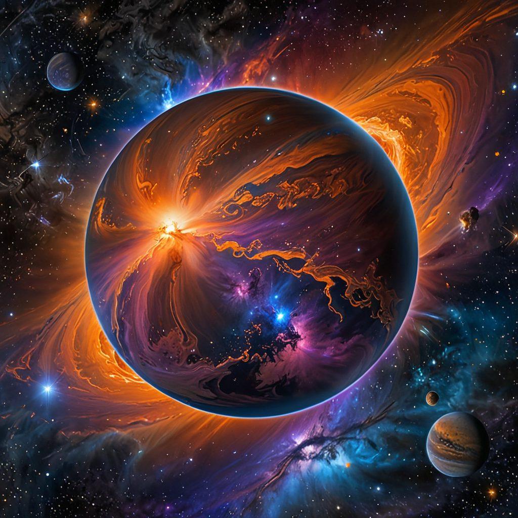 A stunning cosmic scene showcasing a brown dwarf in the foreground, emitting a faint, mysterious glow, surrounded by swirling nebulae and distant stars. The background features a rich tapestry of colors including deep blues, purples, and hints of fiery orange, representing the vastness of space. Include planets and the faint outline of our solar system in the distance. super-realistic. vibrant colors. cosmic atmosphere.
