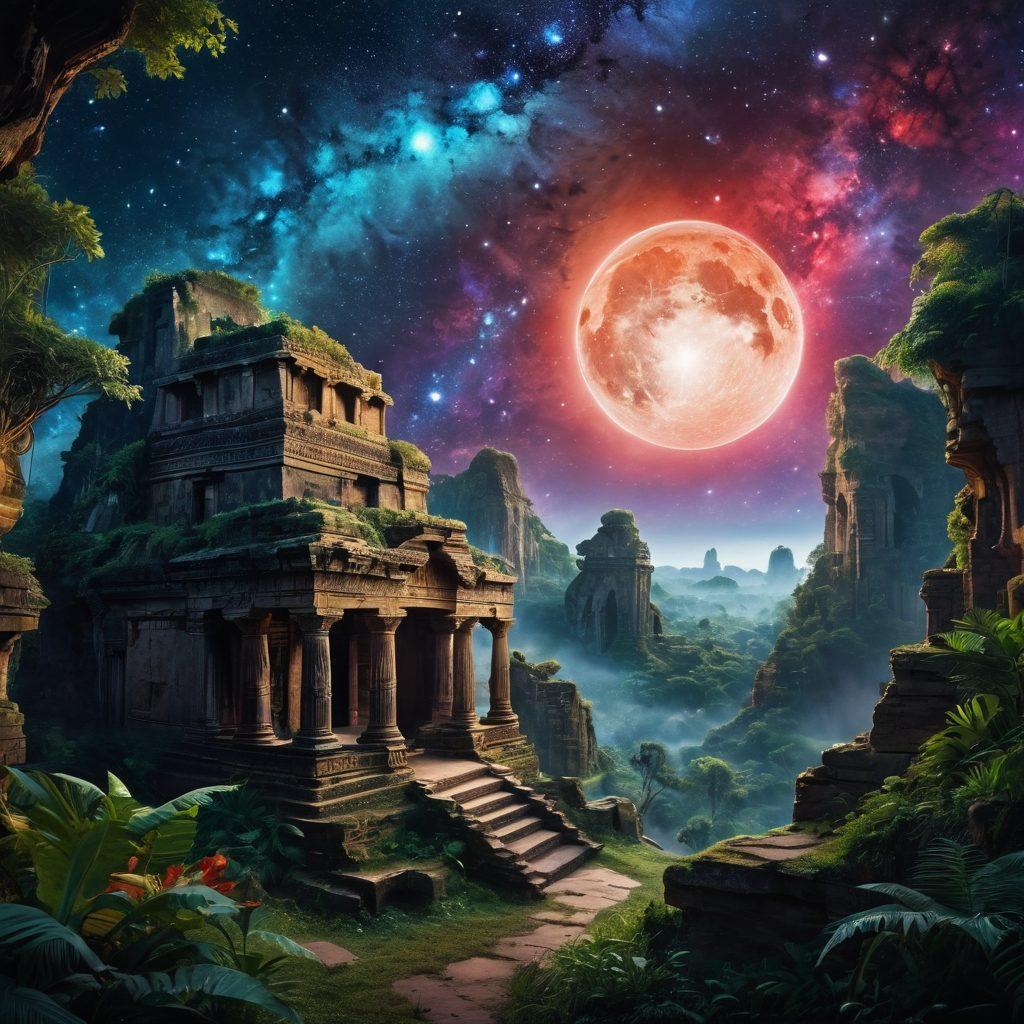A cosmic scene featuring a strikingly large, mysterious planet in the background, illuminated by ethereal light. Ancient civilization ruins with intricate carvings related to the planet, surrounded by lush overgrown foliage. Stargazers from various cultures, gazing up with awe and wonder, draped in traditional attire. Dark, nebulous space with twinkling stars to create an air of mystery and intrigue. vivid colors. surrealism.